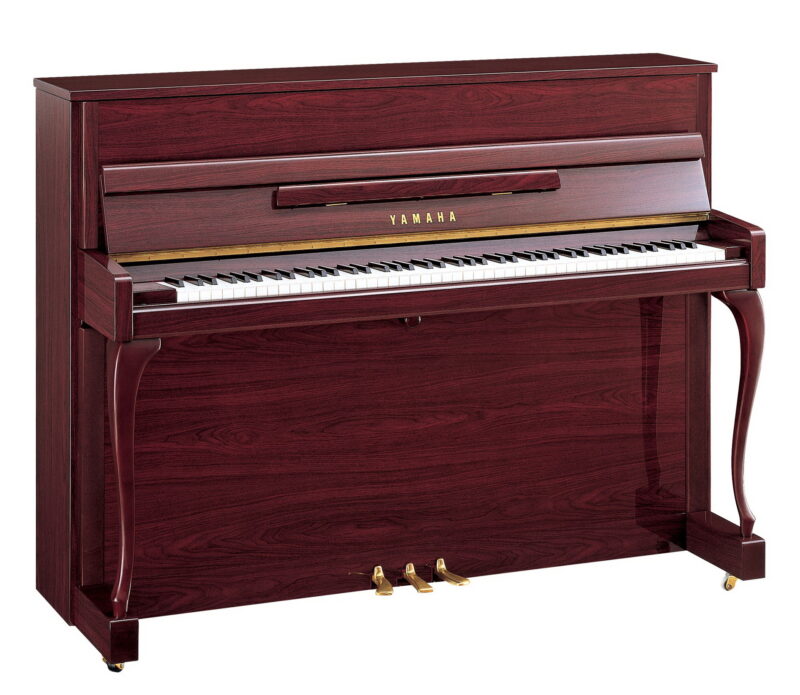 Yamaha JX113TPE upright piano in Polished Ebony with Mahogany trim